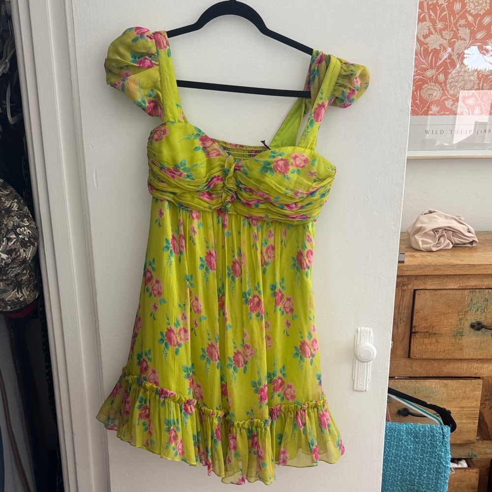Betsey Johnson Lime Green Floral Ruffle Mini Dress with Pink & Teal Accents